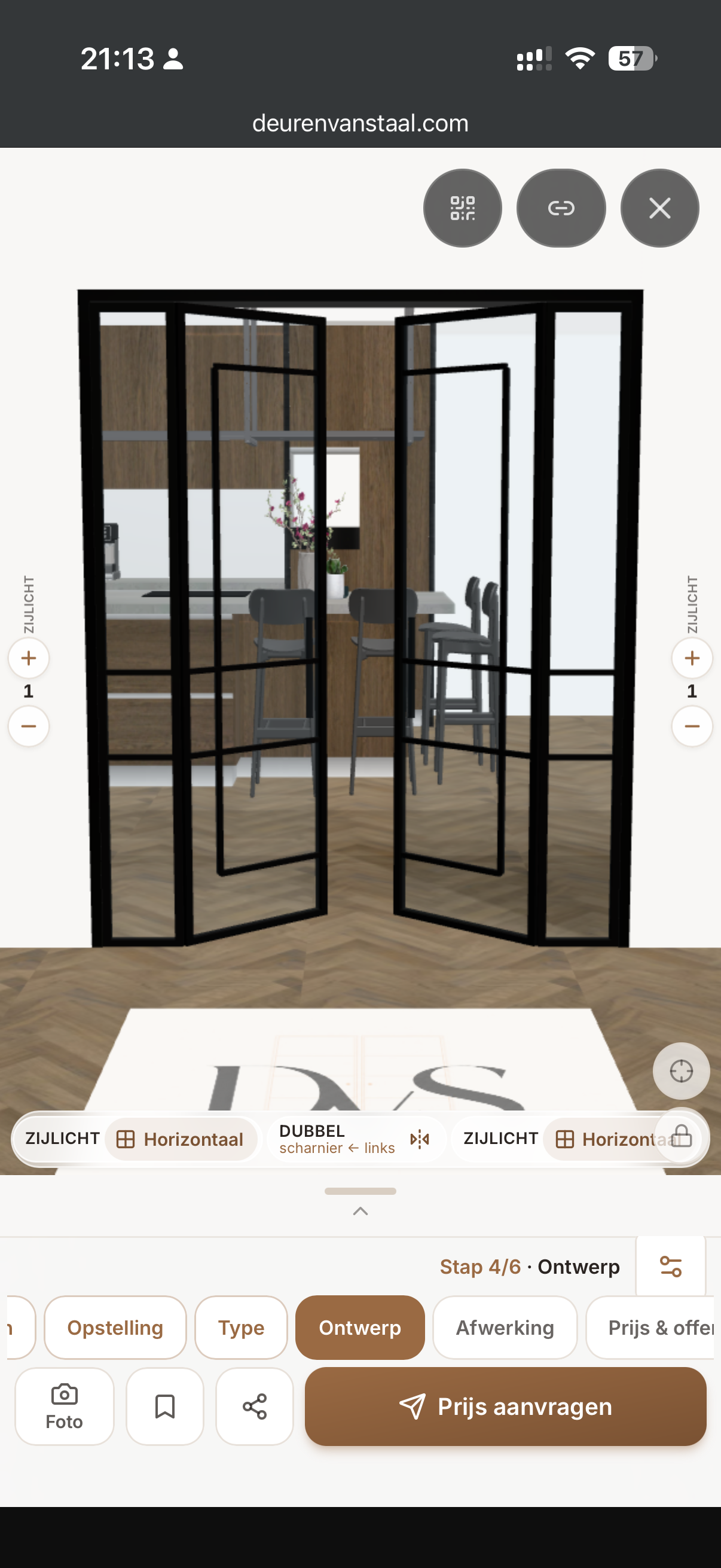 Gedetailleerde weergave van een stalen deur in de 3D configurator met profiel- en glasopties